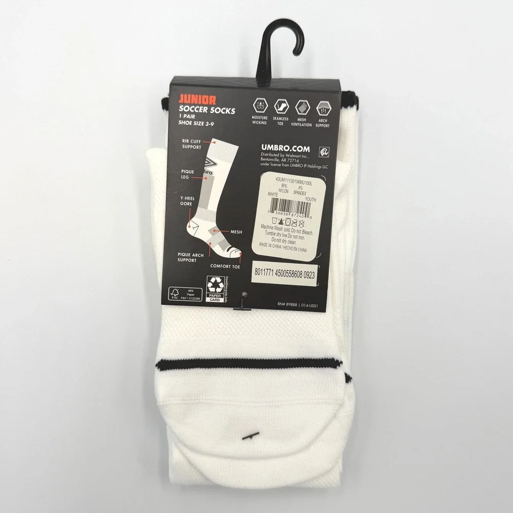 Umbro Soccer Socks Junior Size 3-9 White Lot of 3 Pairs NEW Athletic Youth